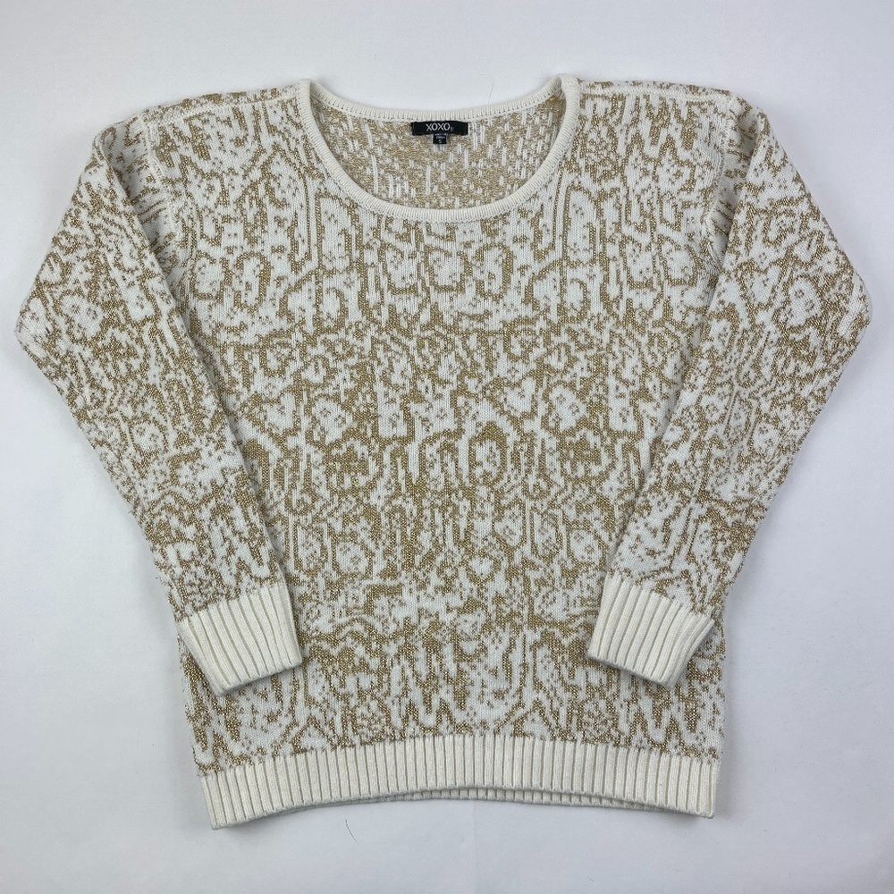 XOXO Sweater Womens Small Cream Gold Crew Neck Long Sleeve